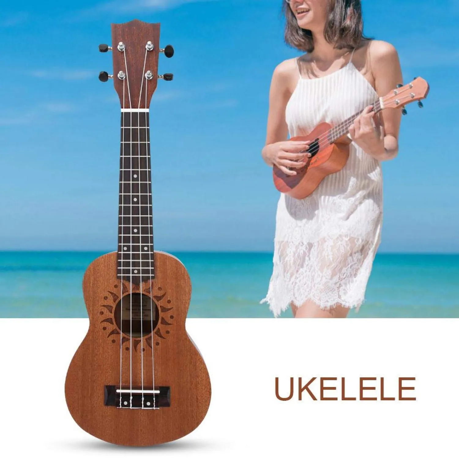Uxsiya Ukulele Konzert Starter Kit 4-saitig Sunflower Sapele