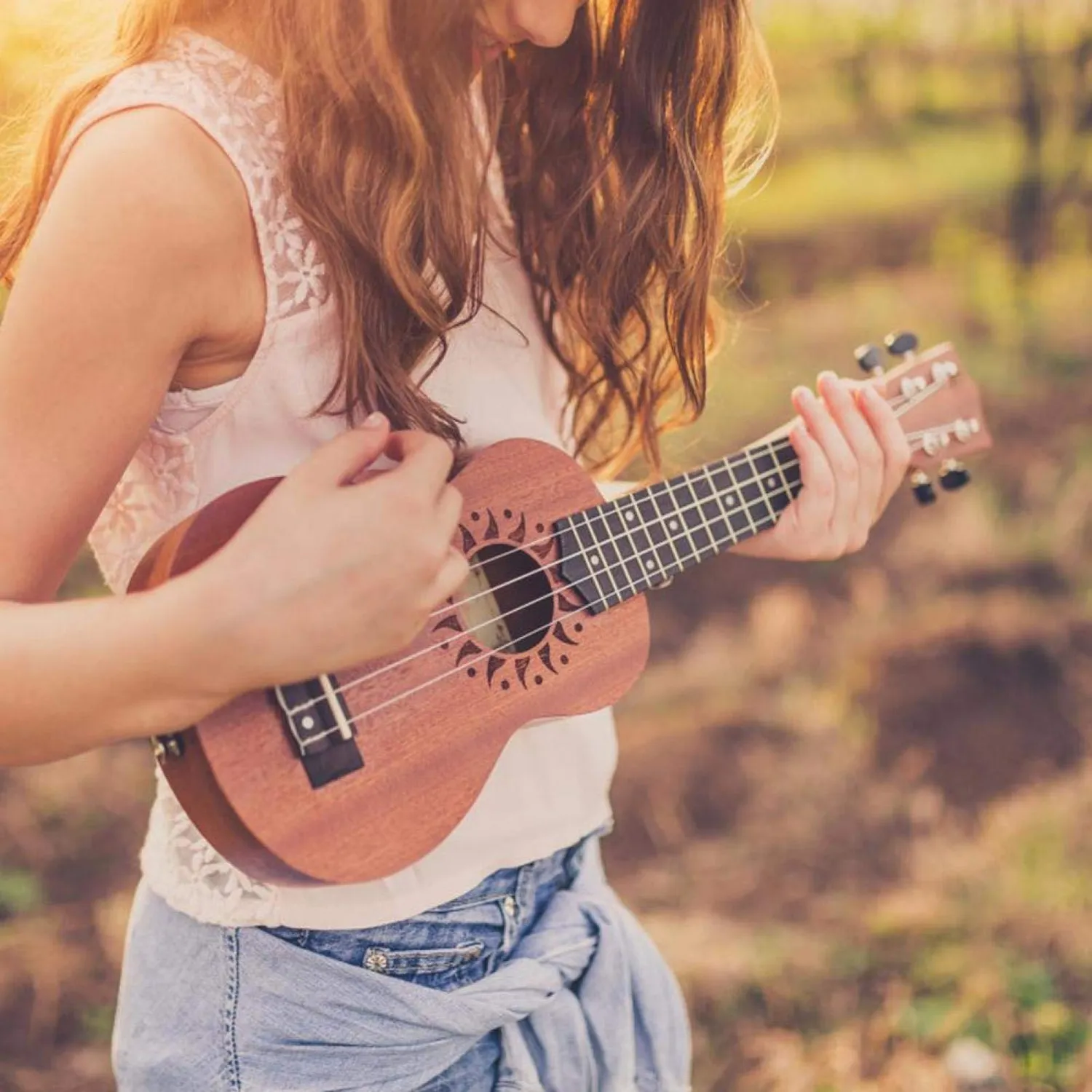 Uxsiya Ukulele Konzert Starter Kit 4-saitig Sunflower Sapele